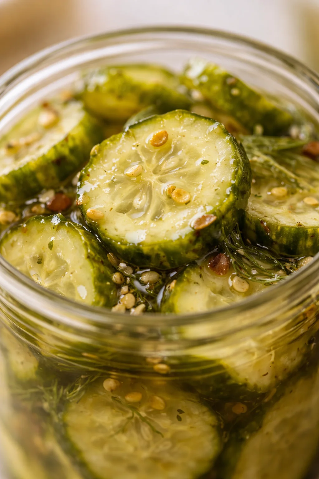 Close-up of cucumber slices in a glass jar with dill, sesame seeds, and brine