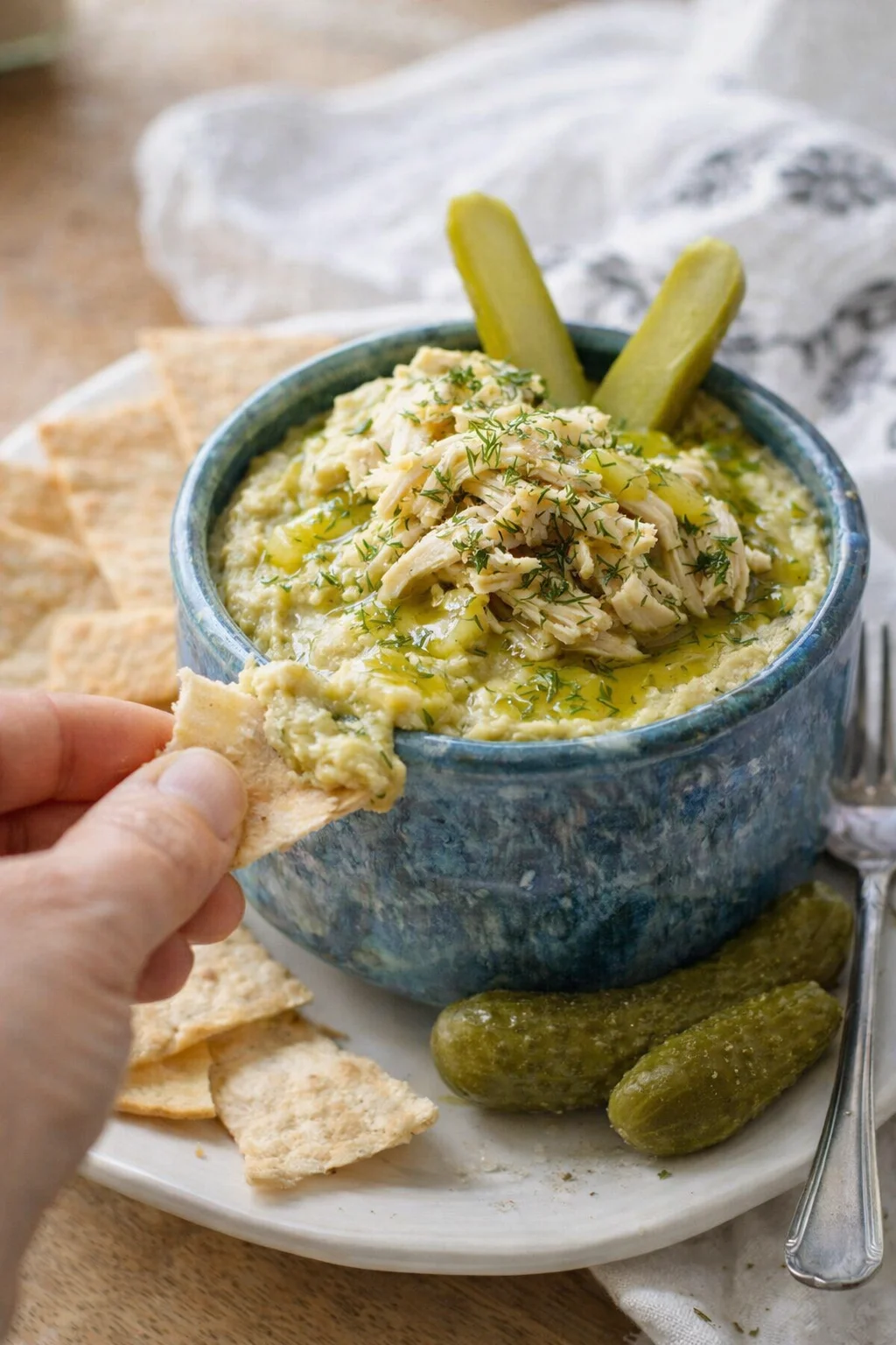 Blue ceramic bowl with green creamy dip topped by shredded chicken and dill, with pickles and crackers.