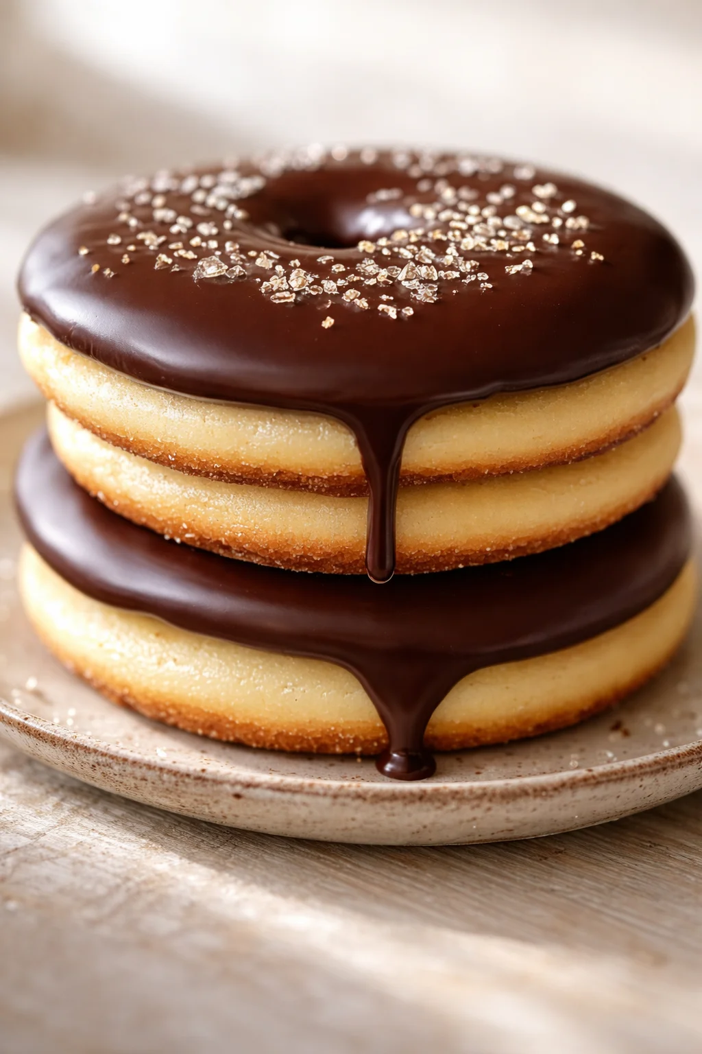 donut-shaped cake with two sponge layers, glossy chocolate glaze, and sea salt on top