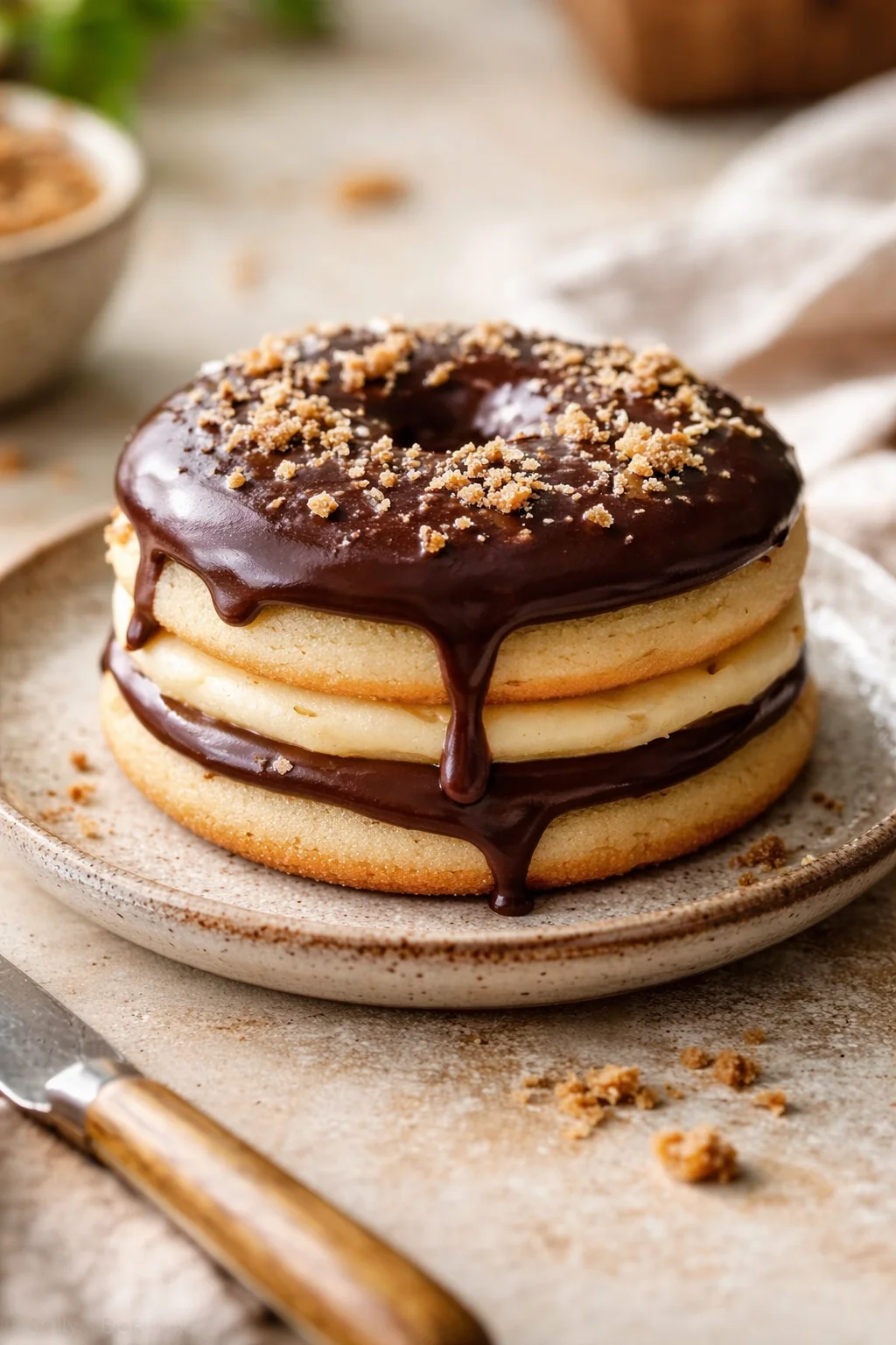 two vanilla donuts with chocolate glaze and crumb topping stacked on a ceramic plate