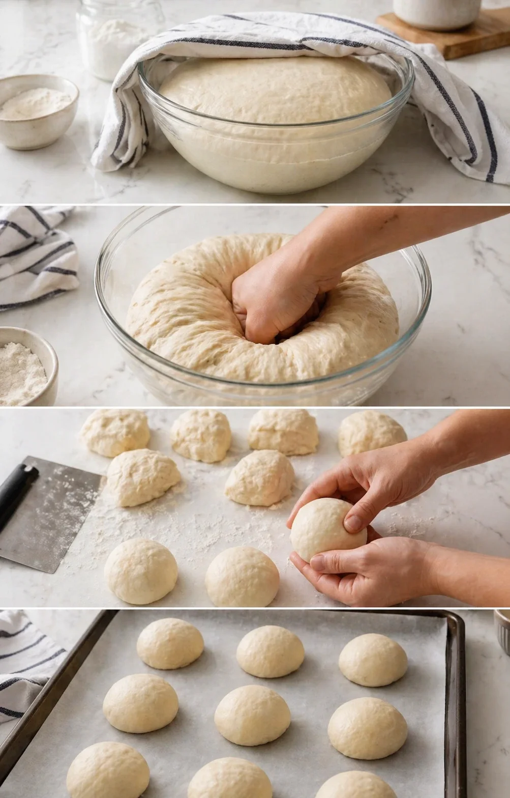 A four-panel collage showing dough being mixed, kneaded, portioned, and arranged on a baking sheet.