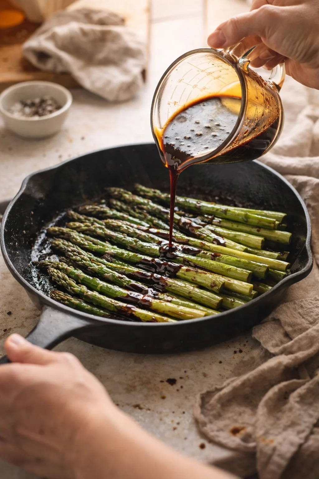 hand pouring dark balsamic glaze over green asparagus in a cast-iron skillet