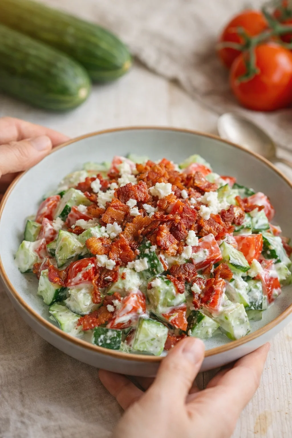 Single plated variation of Crunchy Cucumber Salad with Bacon shown in a natural kitchen scene