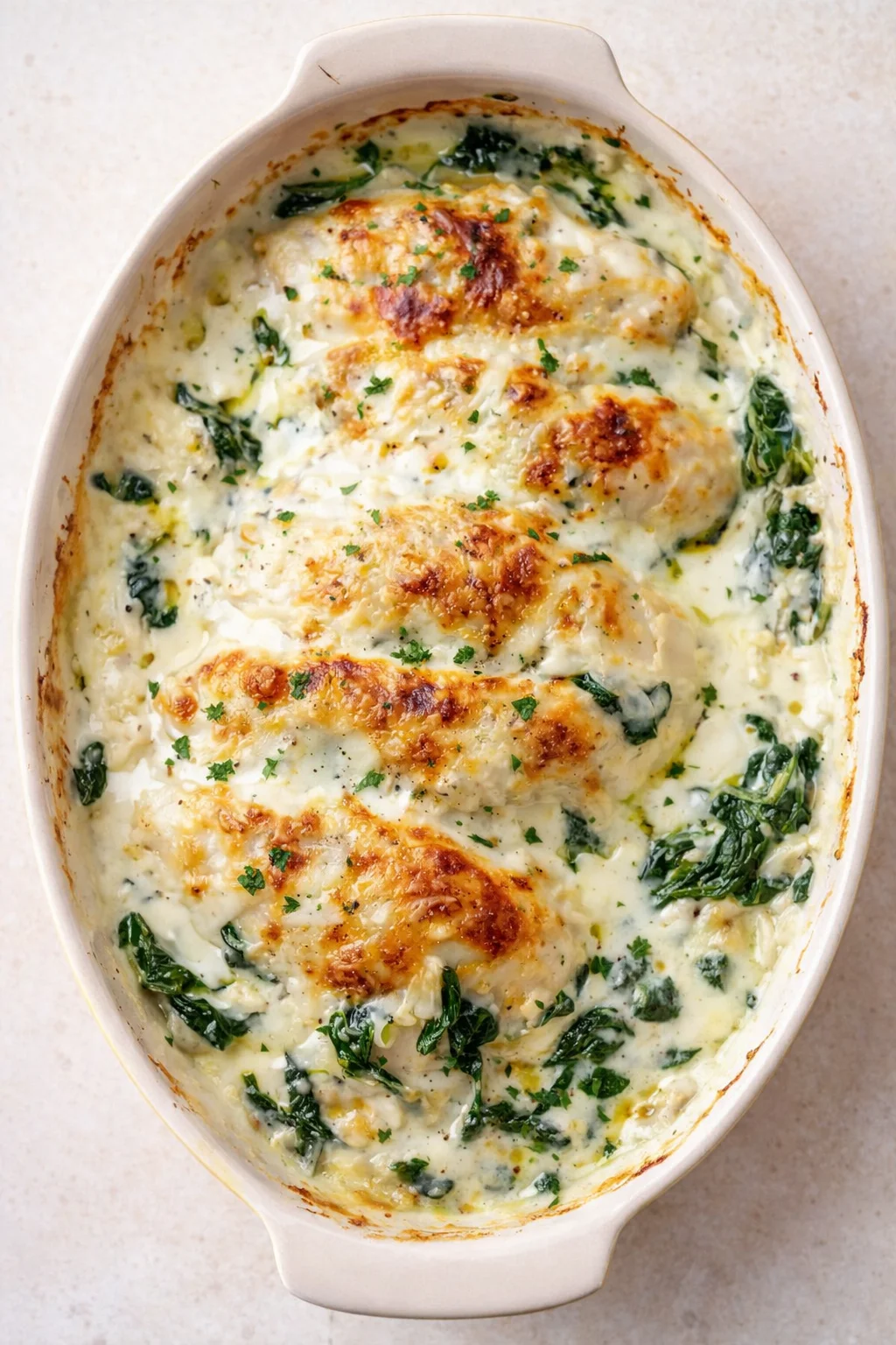 Straight-down overhead view of Irresistible Creamy Chicken and Spinach Casserole
