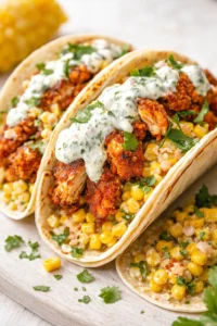 Final plated Fried Chicken Street Corn Taco with Jalapeno Lime Ranch Recipe served as a hero shot