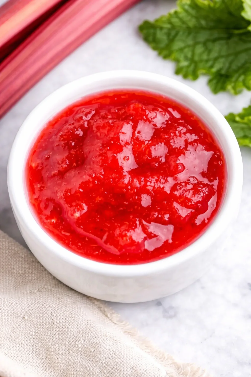 Single plated variation of Healthy Rhubarb Jam Without Pectin shown in a natural kitchen scene