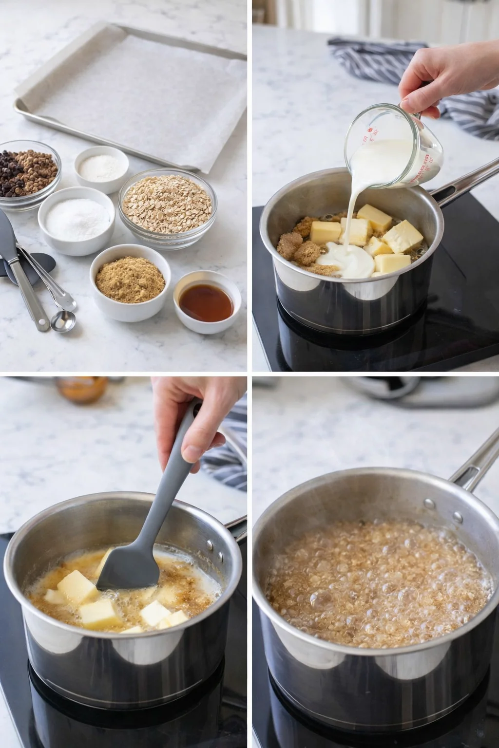 Saucepan on stove with melting butter-sugar mixture and prepared parchment-lined baking sheet with measured ingredients.