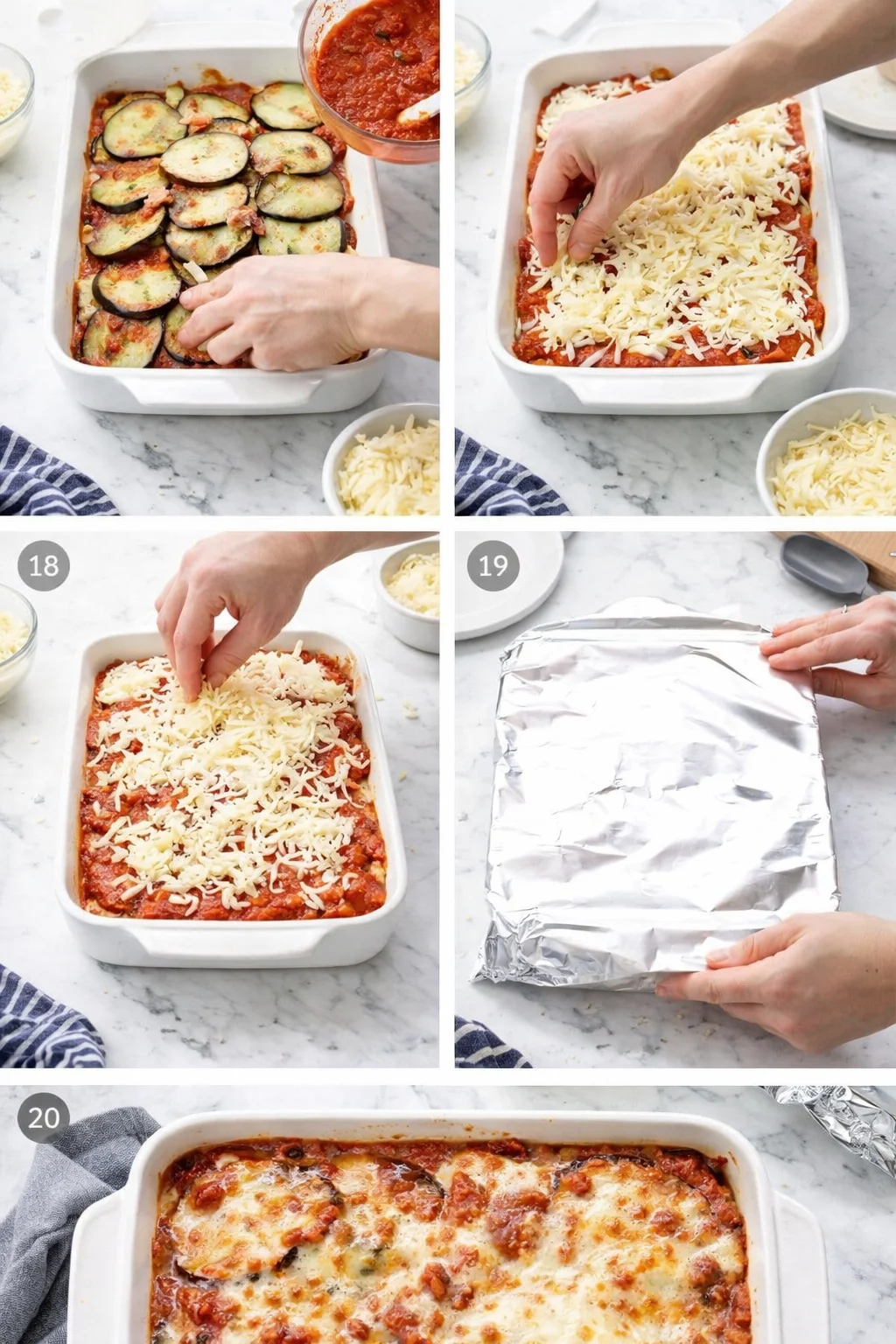 Step-by-step collage showing eggplant lasagna assembly: layering sauce, cheese, and foil cover before baking.