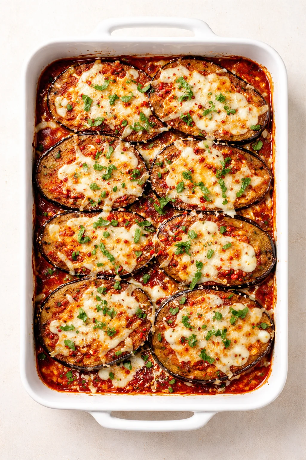 white baking dish filled with baked eggplant slices in tomato sauce and melted cheese.