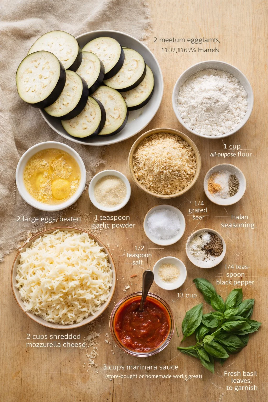Overhead view of eggplant slices and various ingredients laid out on a wooden surface for a recipe