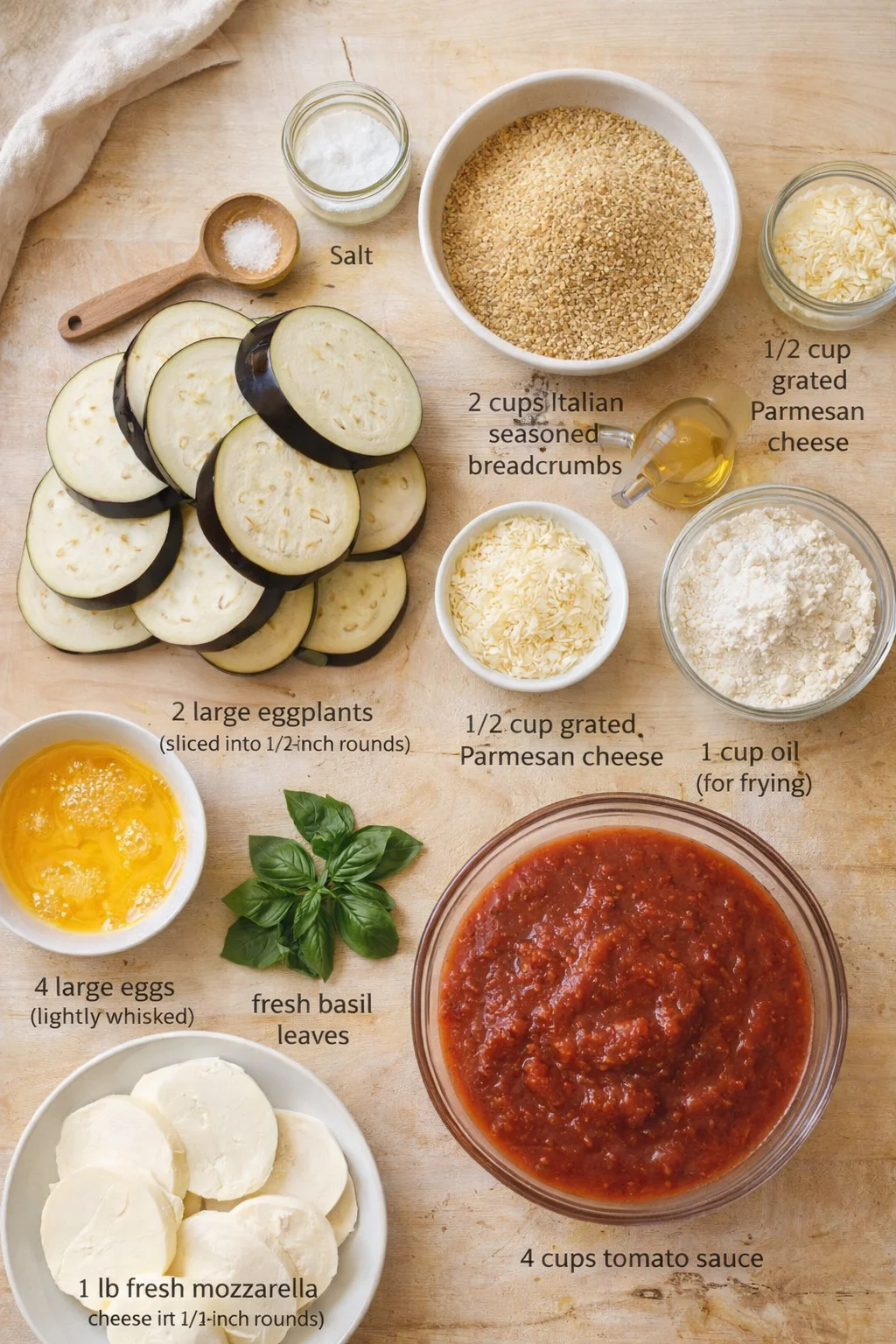 Overhead view of eggplant parmesan ingredients arranged on a wooden surface with labeled items