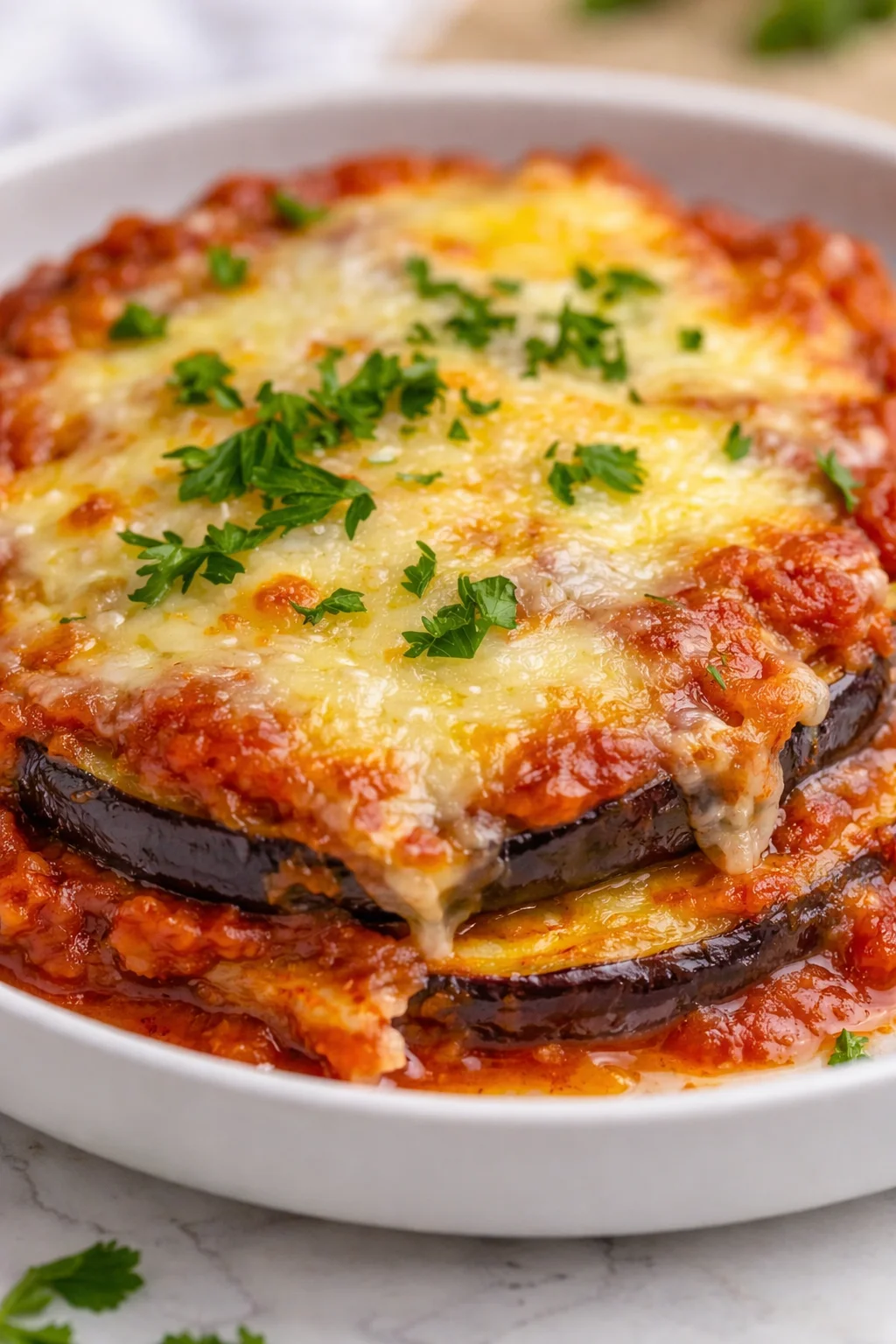 stacked eggplant parmesan with melted cheese and parsley on a white plate