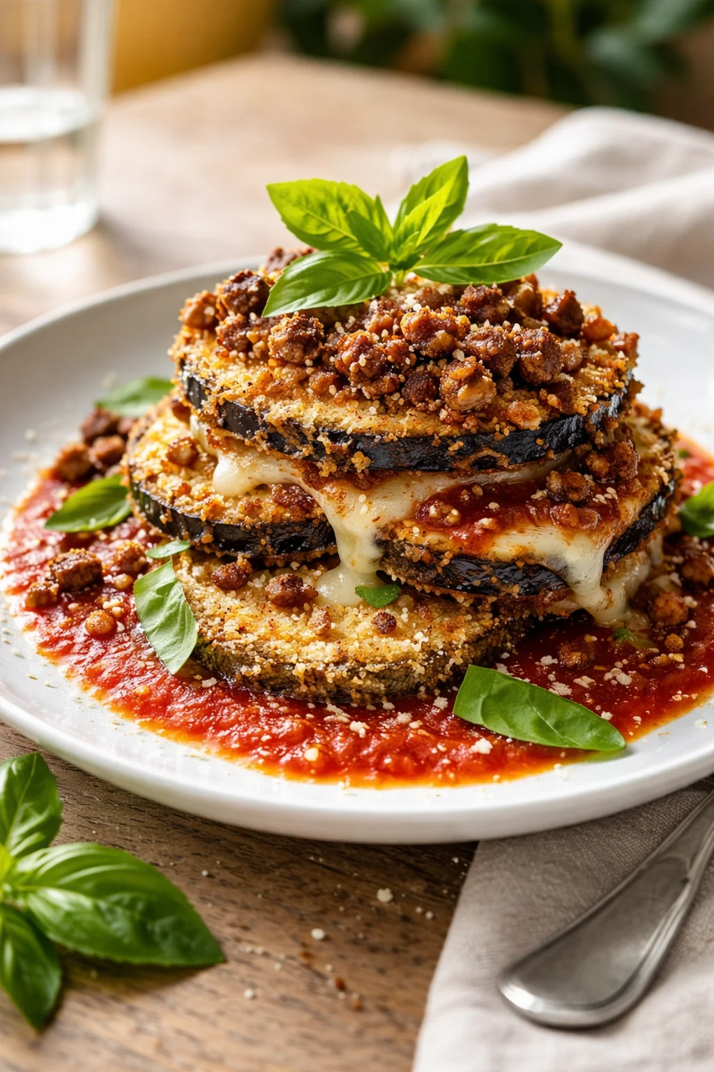 Stacked slices of eggplant with melted cheese, tomato sauce, and crumb topping, garnished with basil on a white plate.