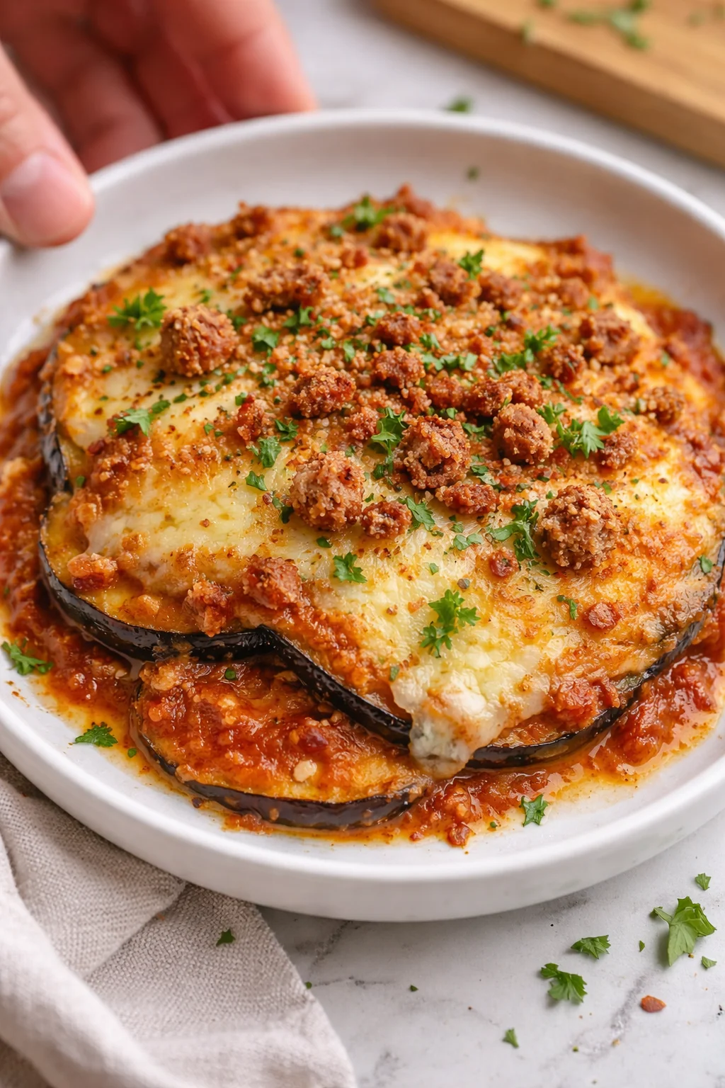Plate of eggplant parmesan with tomato sauce, melted cheese, sausage crumble, and parsley.
