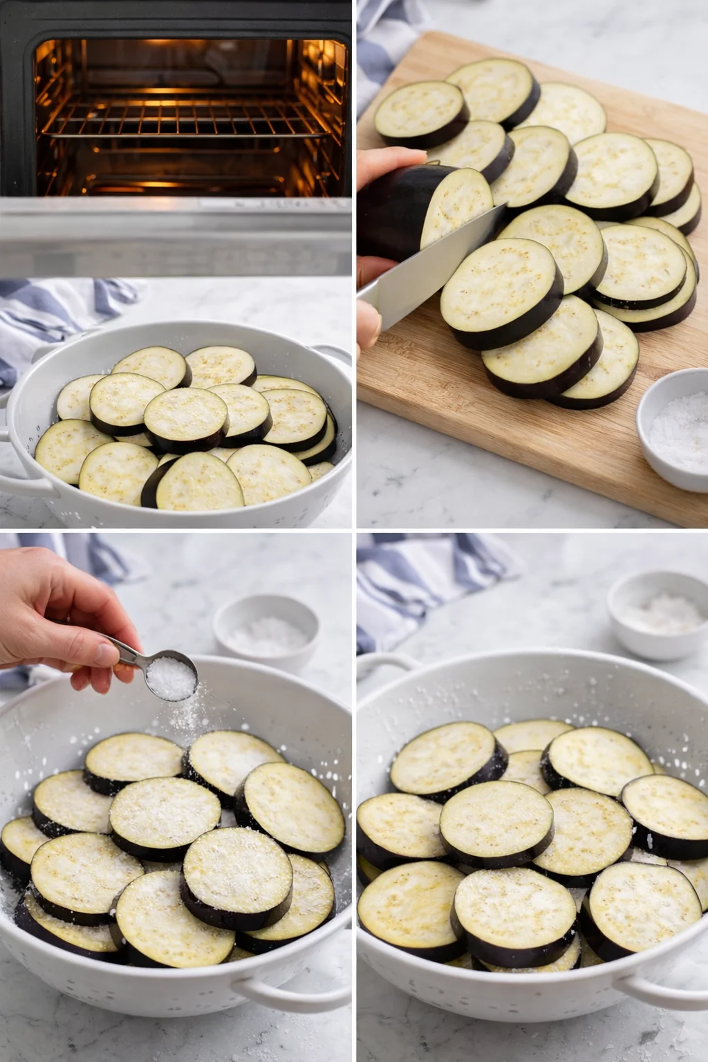 collage shows eggplant slices being prepared for roasting: oven glow, cutting board with rounds, and salt being sprinkled