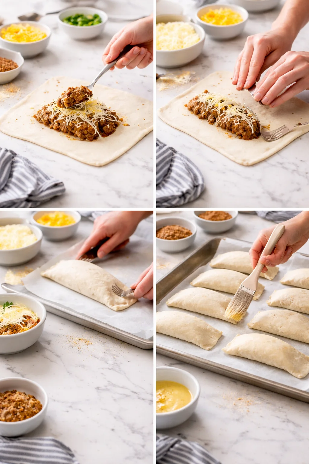 four-panel collage showing meat-filled dough being shaped into empanadas on a marble countertop