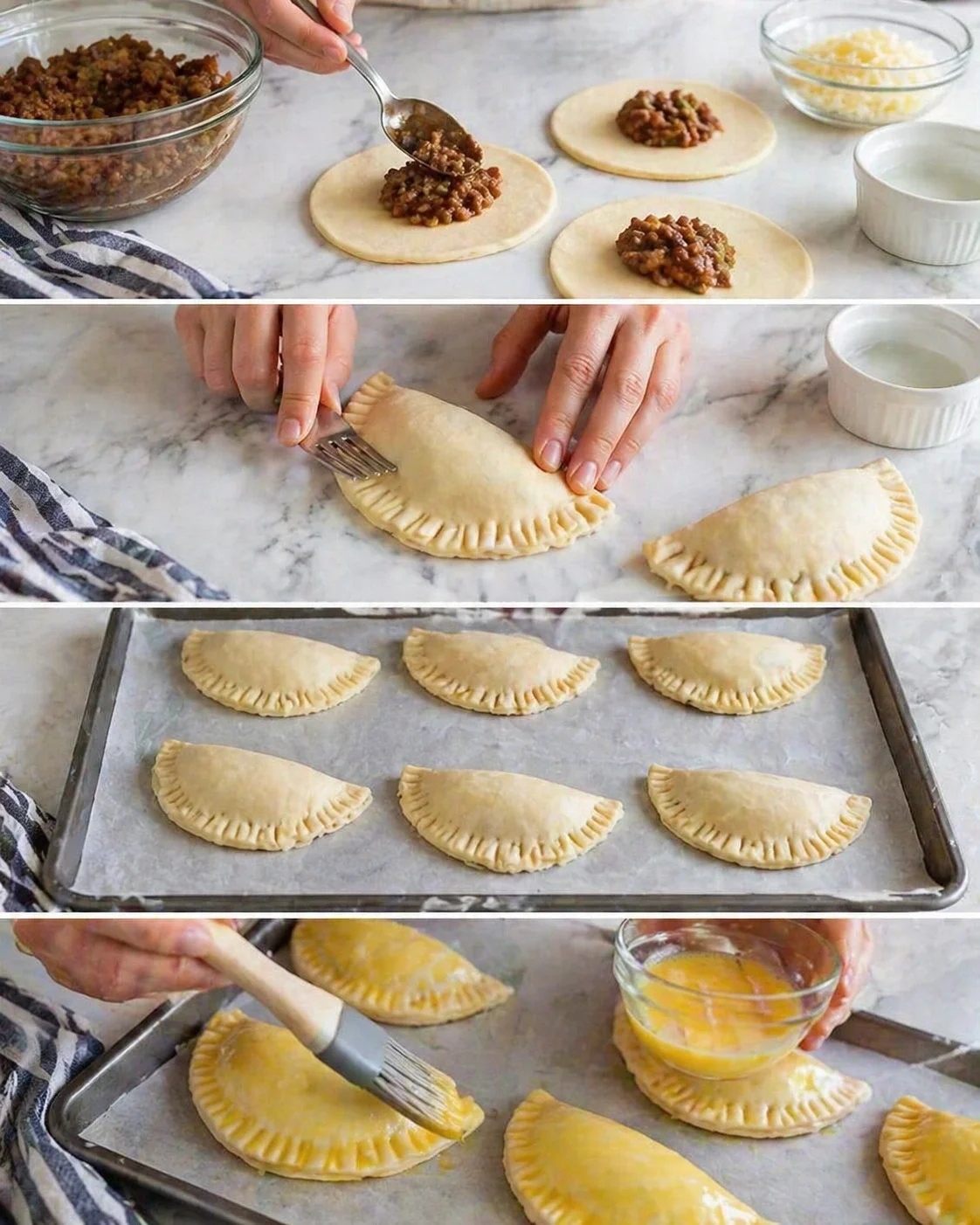 collage showing empanada-making steps: filling dough, crimping edges, shaping, and egg-washing.