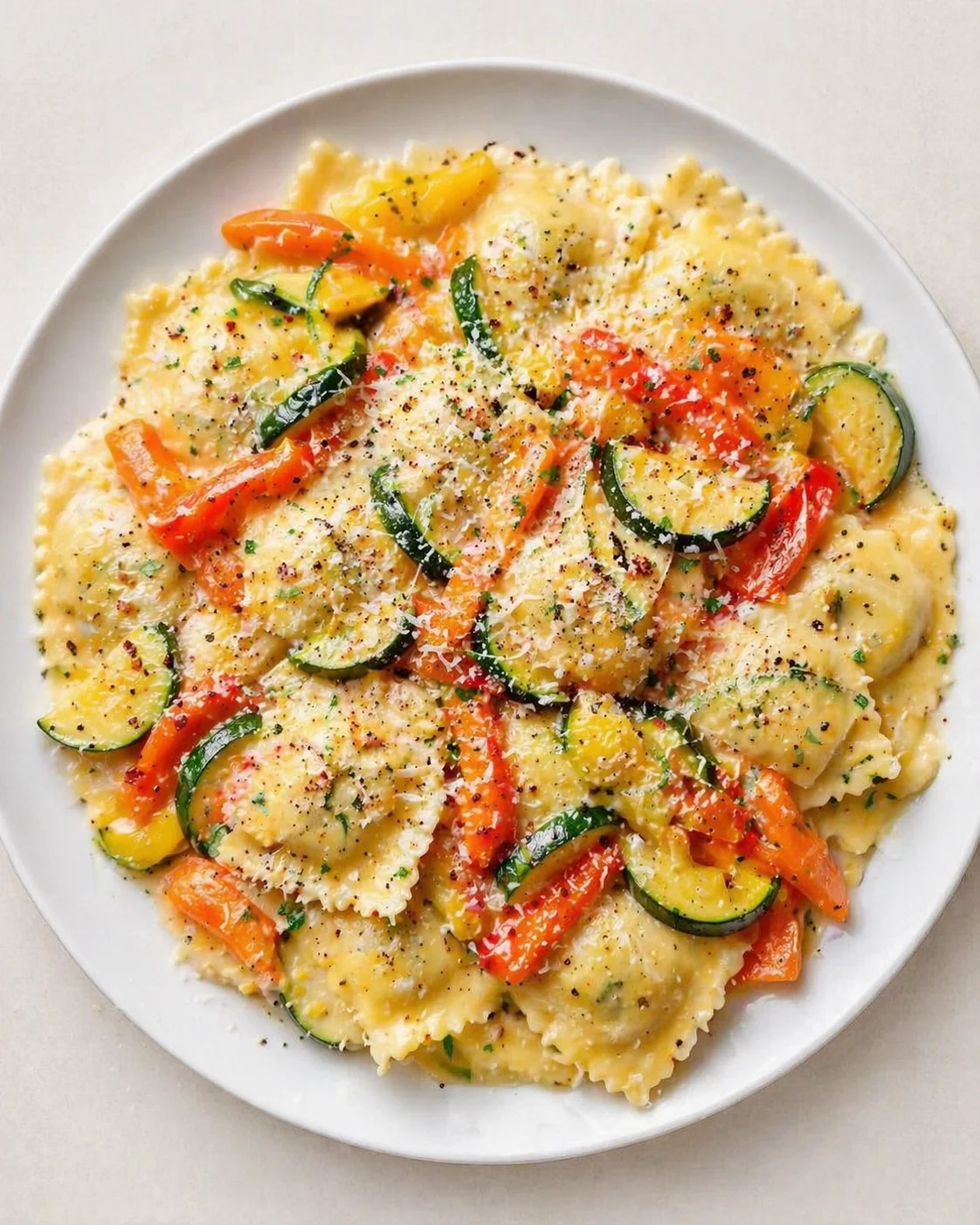 Straight-down overhead view of 25 Minute Ravioli and Veggies Recipe That’s Irresistibly Easy