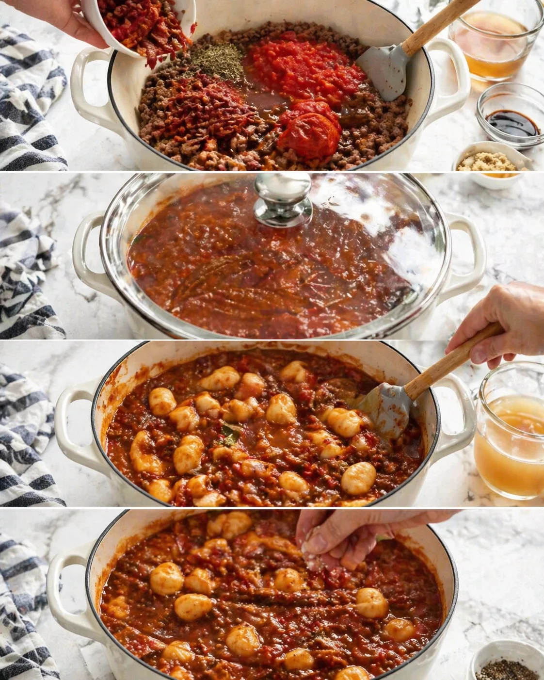 Thick tomato-bolognese simmering in pan with returned bacon, herbs, and tender gnocchi stirred in.