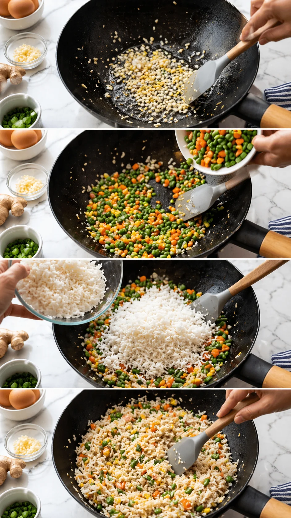 Spatula breaking up cold rice grains among stir‑fried vegetables and garlic in wok.