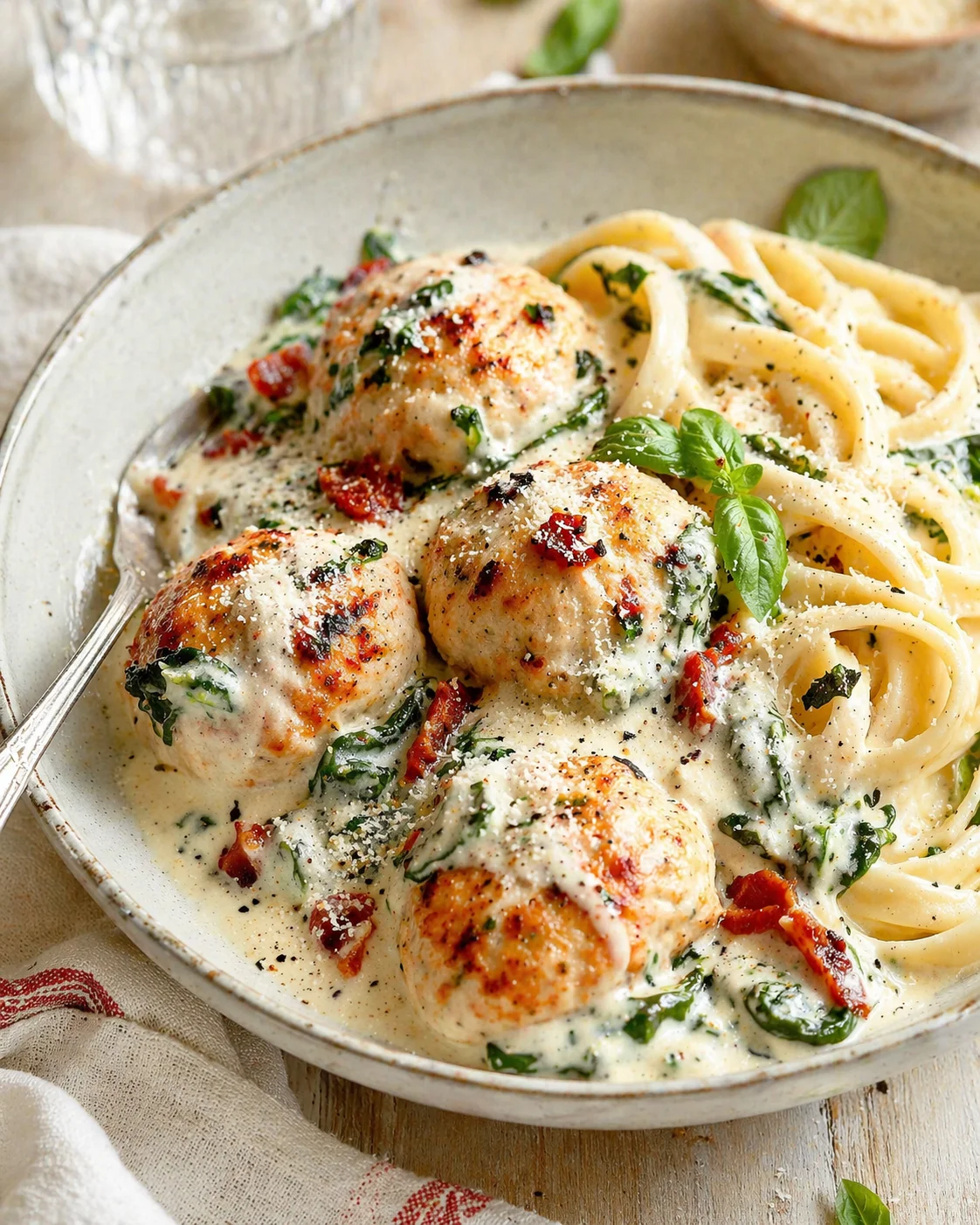 variations-placeholder.png Single plated variation of Baked Chicken Ricotta Meatballs with Spinach Alfredo Sauce shown in a natural kitchen scene
