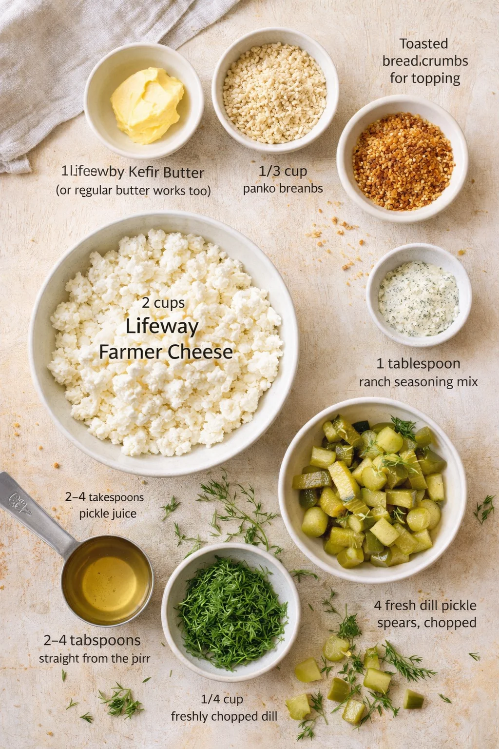 overhead view of cheese, herbs, and toppings arranged for a recipe