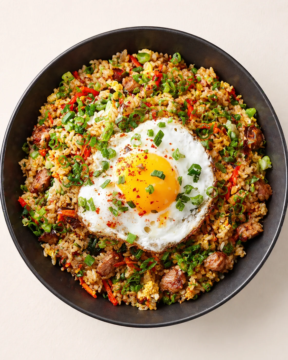 Straight-down overhead view of Transform Day-old Rice Into Delicious Pork Fried Rice Tonight!