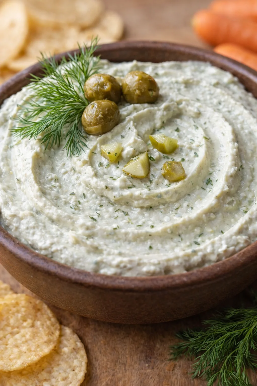 Final plated Dill Pickle Dip Recipe served as a hero shot