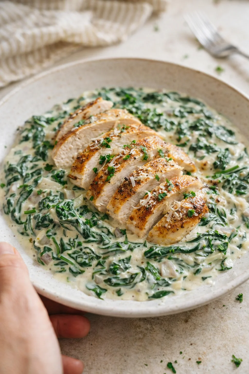 Single plated variation of Creamed Spinach shown in a natural kitchen scene