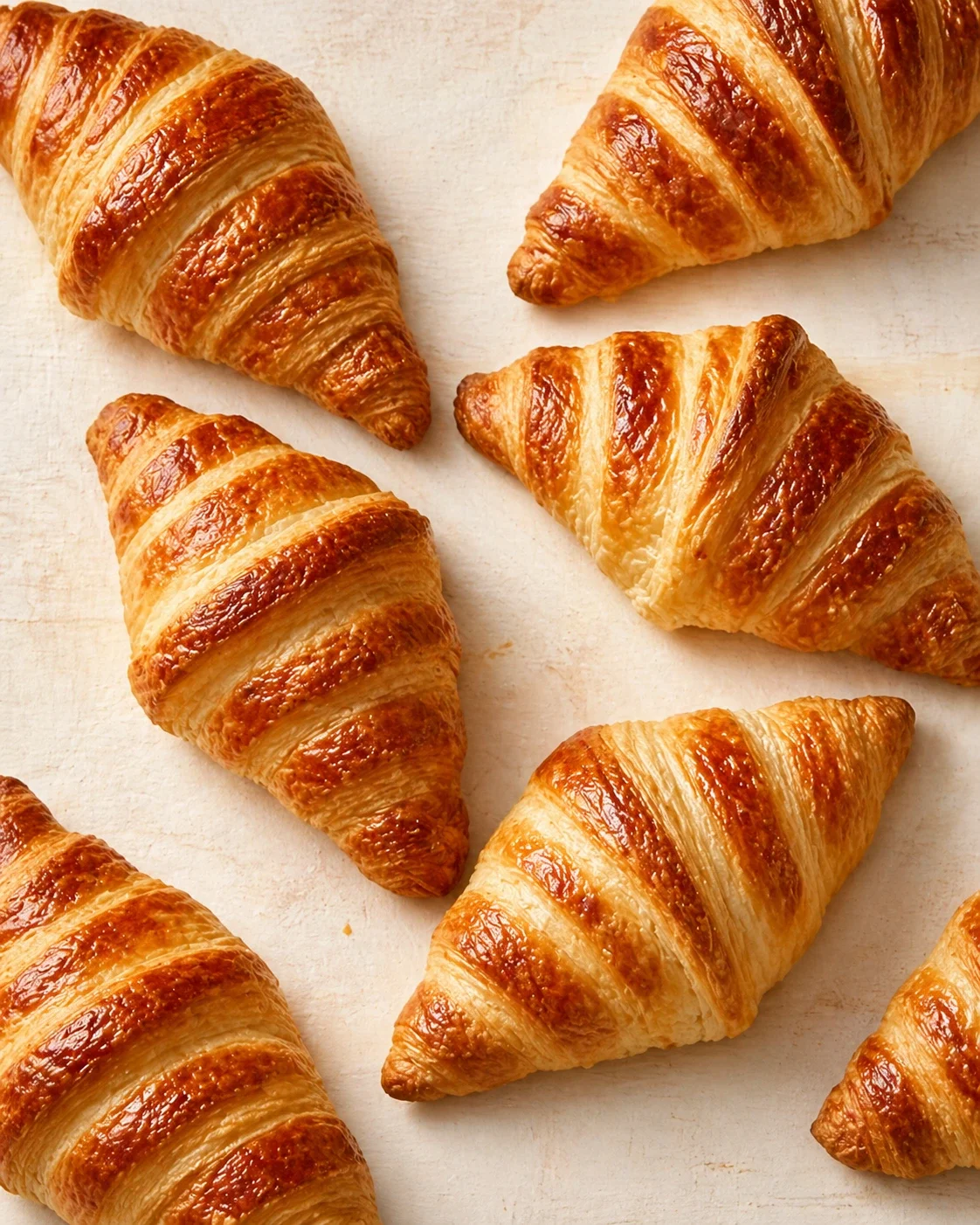golden-brown croissants arranged on a light textured surface, showcasing flaky laminated layers