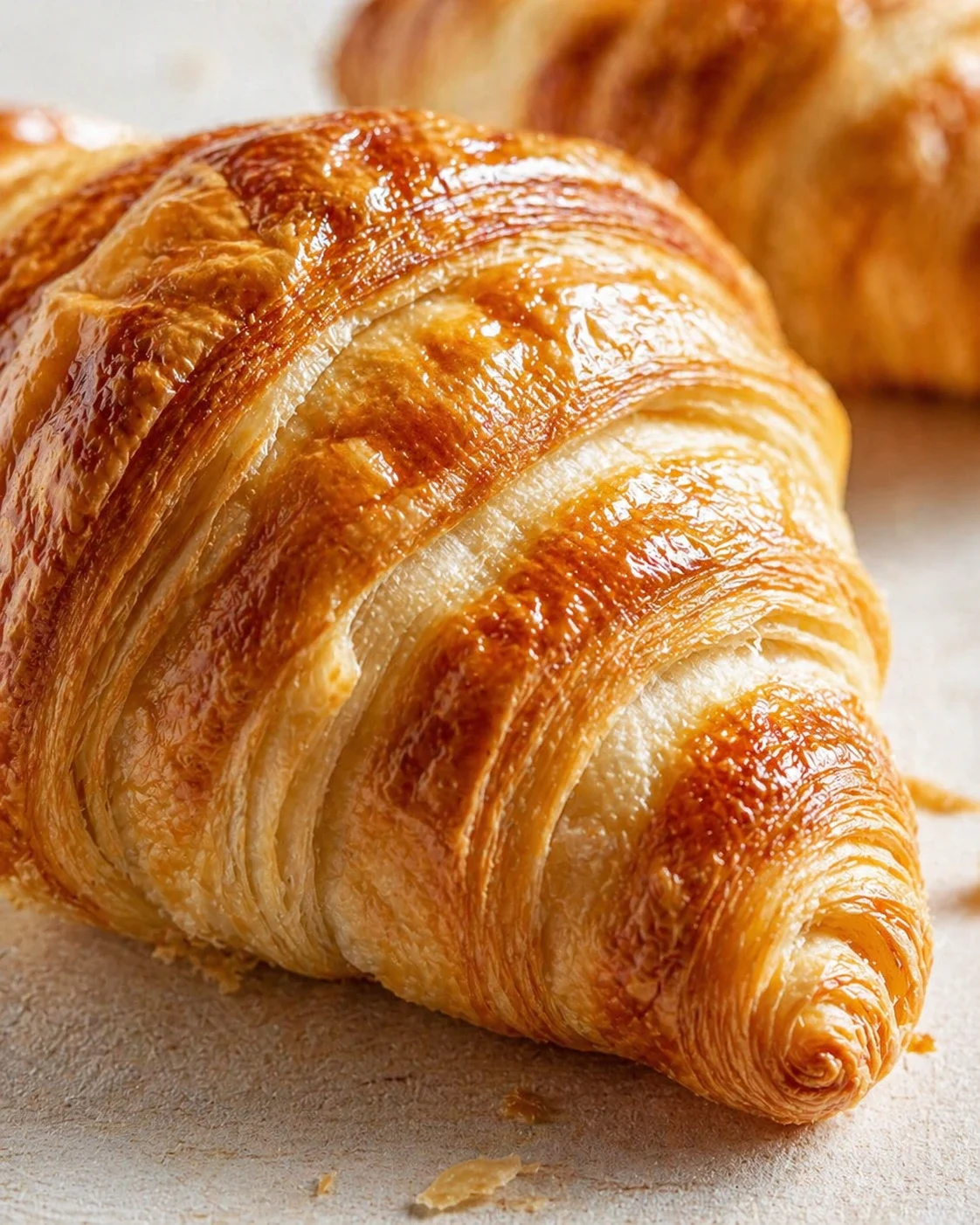 close-up of a glossy, layered croissant with a crisp, golden-brown crust