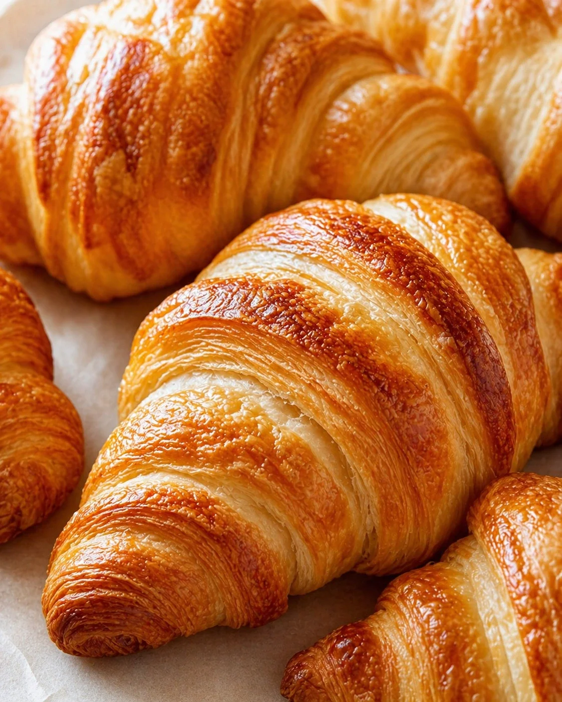 Close-up of golden brown, flaky croissants arranged neatly on parchment paper.