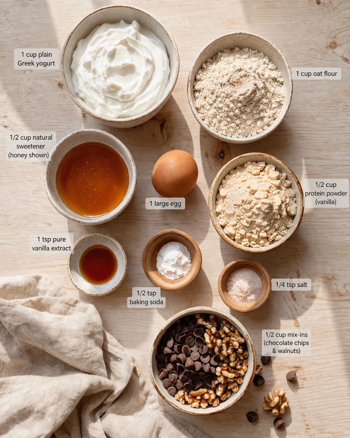 Top-down view of baking ingredients arranged in bowls: yogurt, oat flour, egg, honey, vanilla.