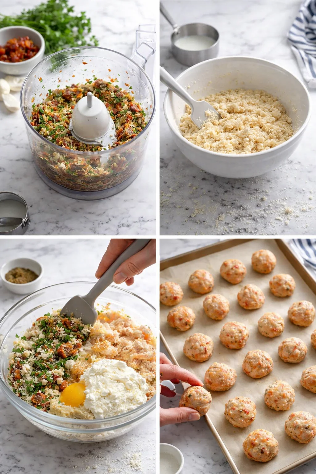 four-panel collage showing herb-nut filling, crumbly mixture, egg mixing, and arranged meatball spheres