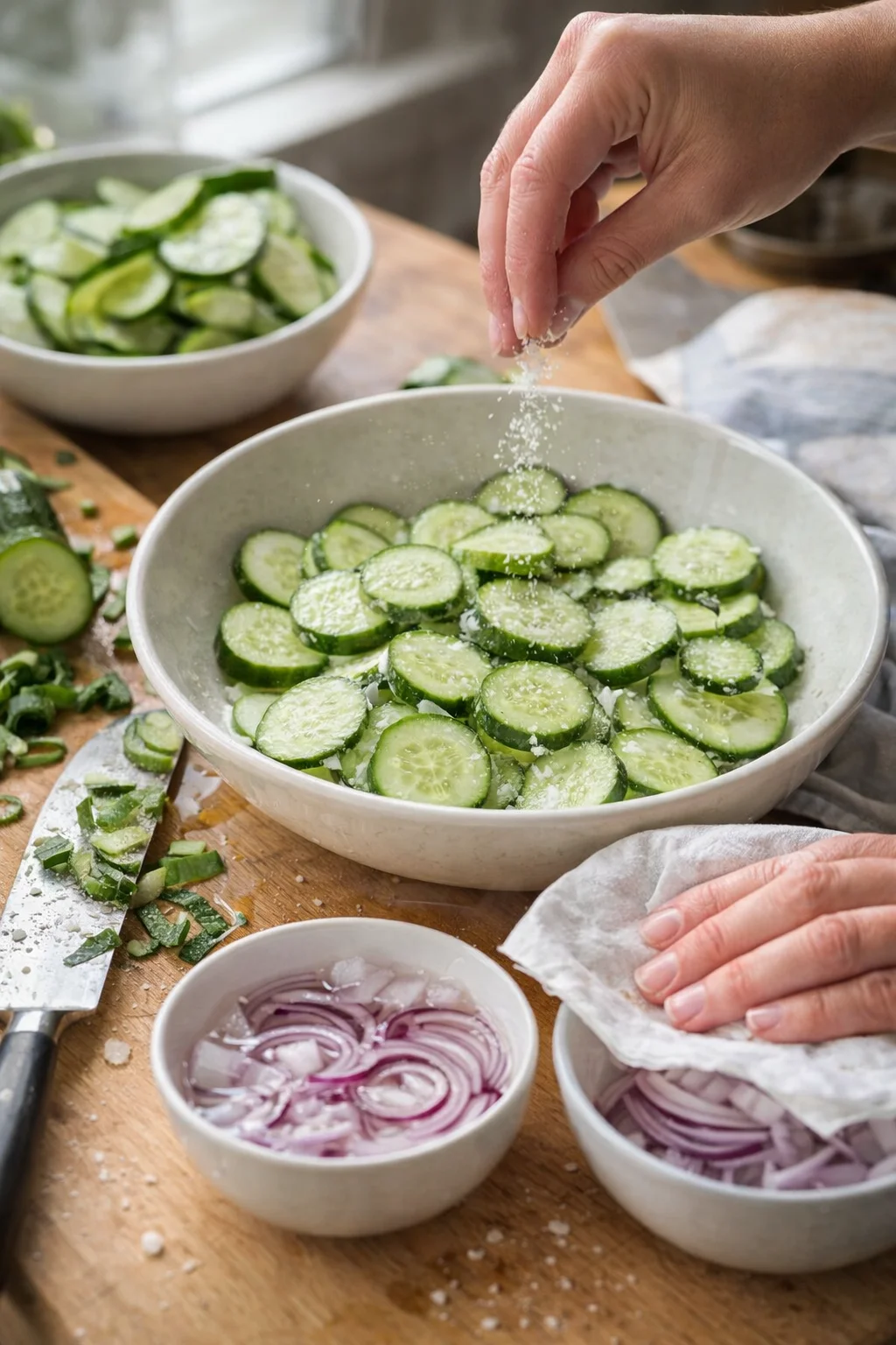 A hand sprinkles salt over a bowl of cucumber slices on a wooden counter, with onions and herbs nearby.