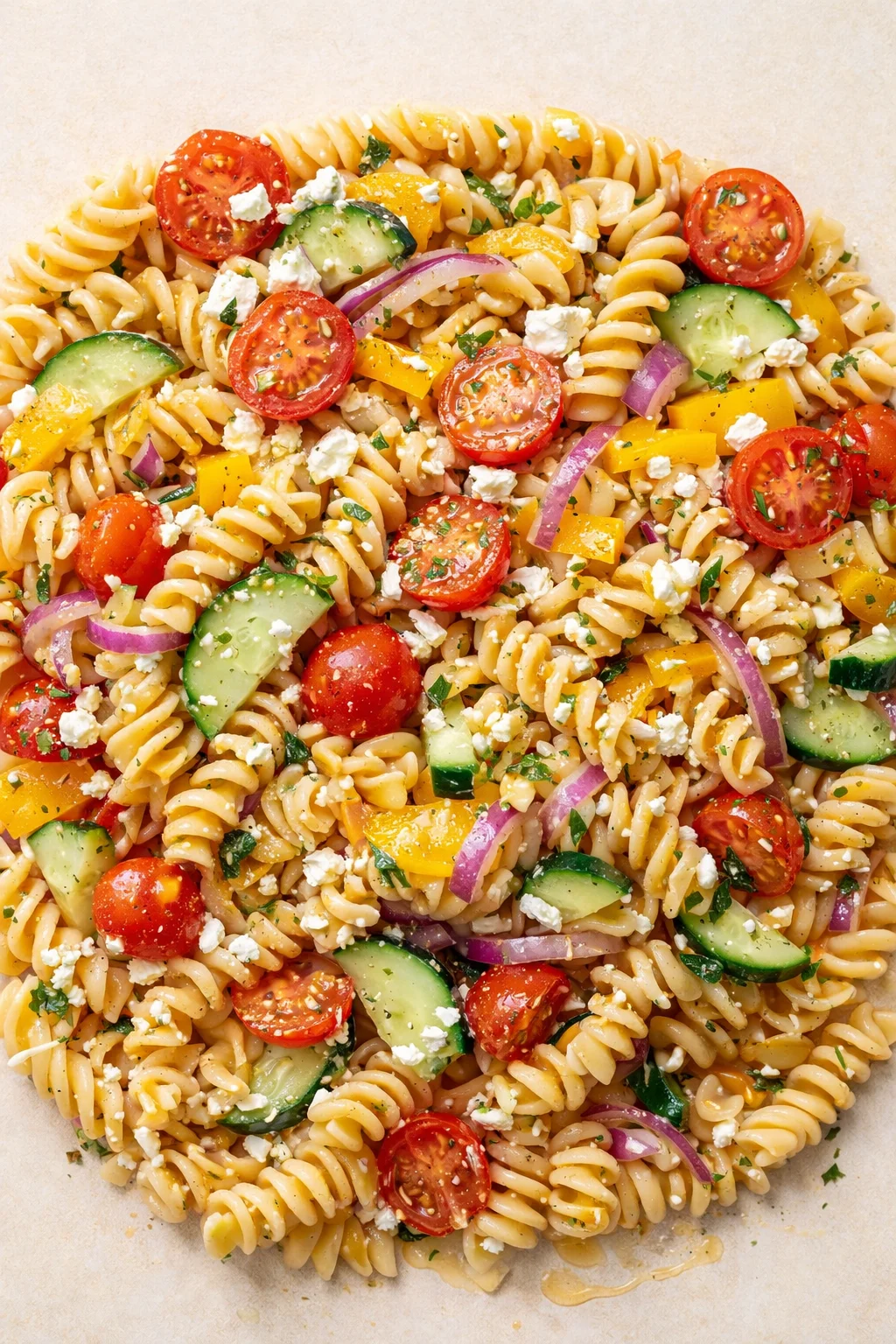 bright top-down view of a colorful fusilli pasta salad with tomatoes, cucumbers, peppers, onions, and feta.