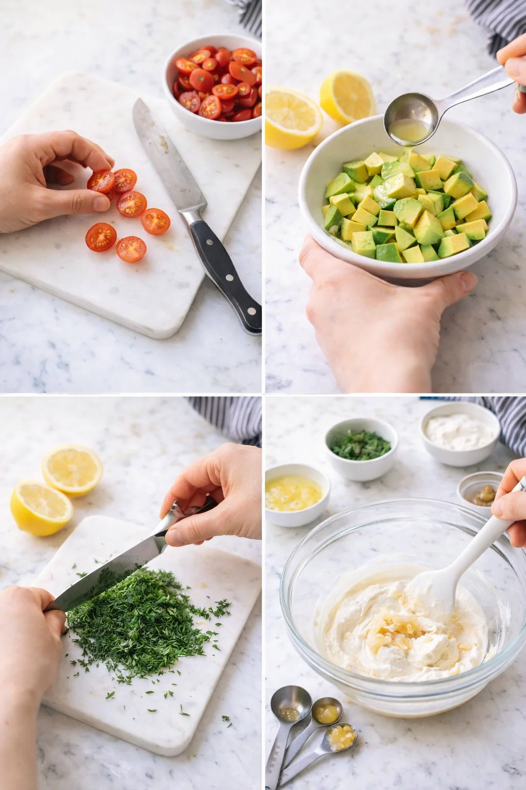 collage showing hands preparing ingredients: slicing tomatoes, squeezing lemon over avocado, chopping dill, whisking cream