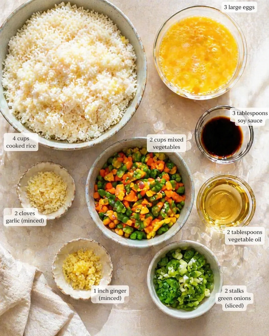 Overhead view of rice, mixed vegetables, eggs, and sauces arranged for fried rice with labeled measurements.