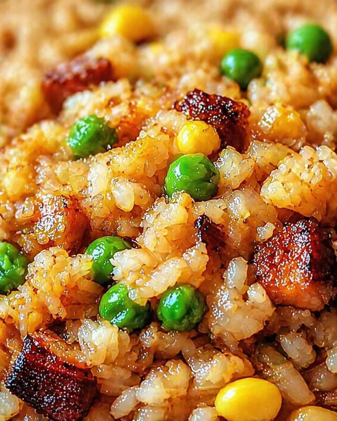 Close-up of glossy fried rice with green peas, corn, and browned meat chunks.