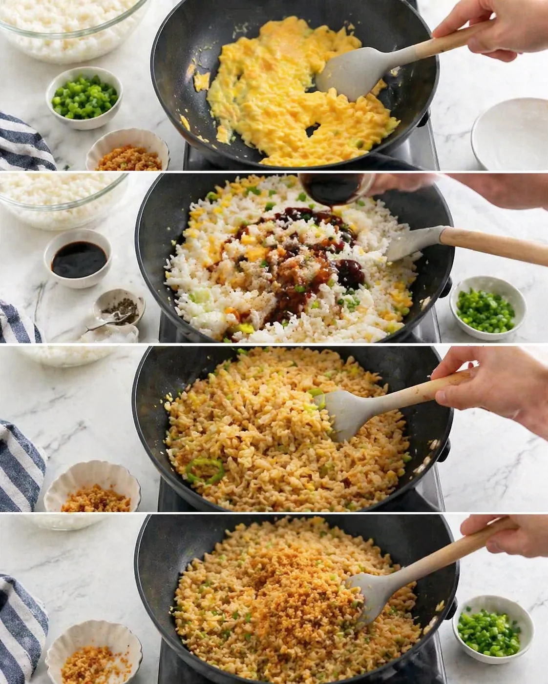 Multi-panel collage of fried rice being prepared in a black wok with eggs, rice, and vegetables.