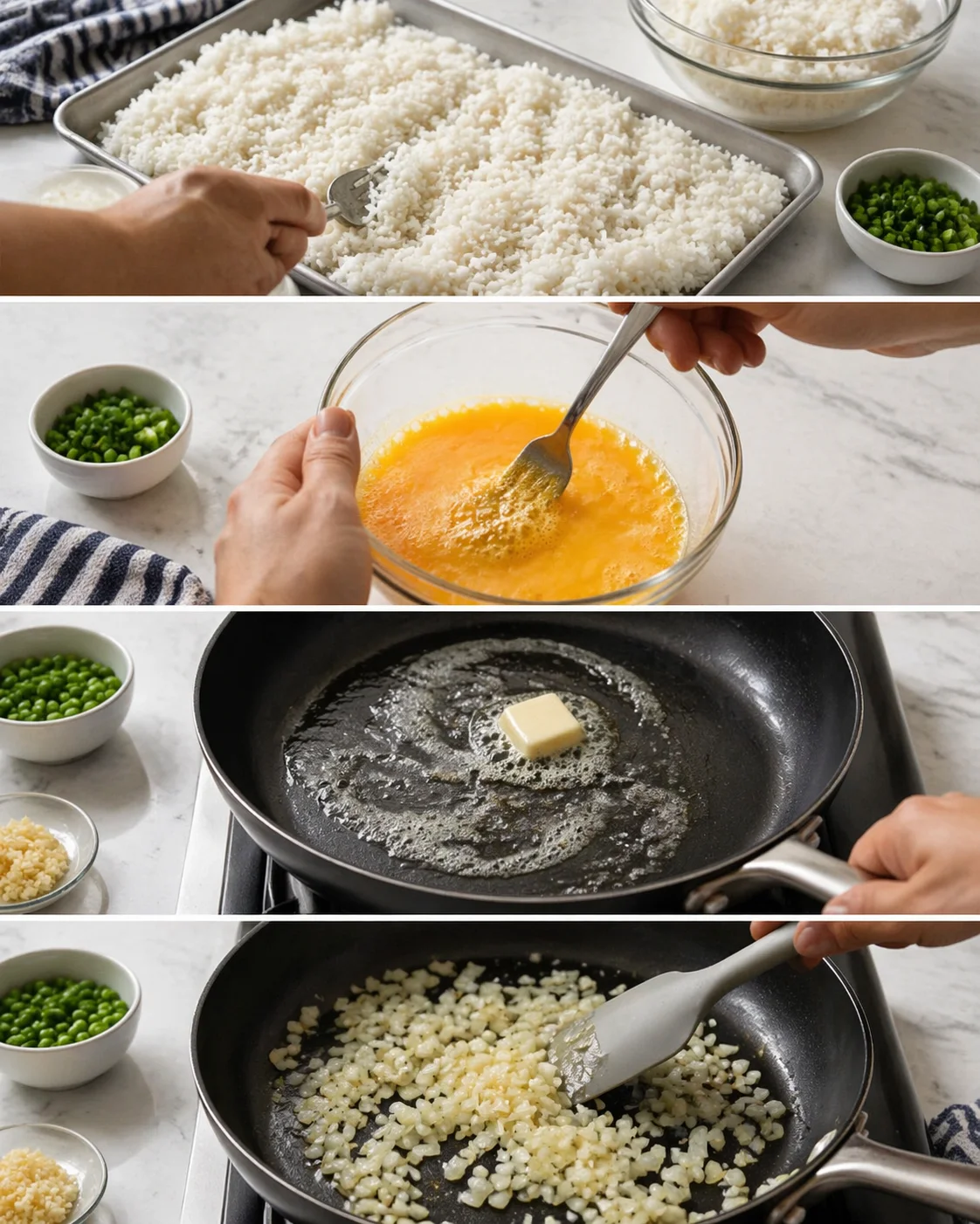 Four-panel collage showing fried rice prep — rice in a pan, beaten eggs, butter, peas, onions.
