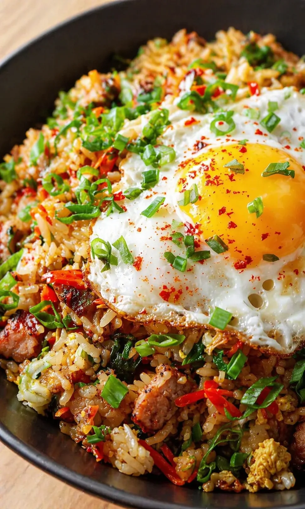 sunny-side-up egg atop fried rice with peppers and green onions in a black bowl