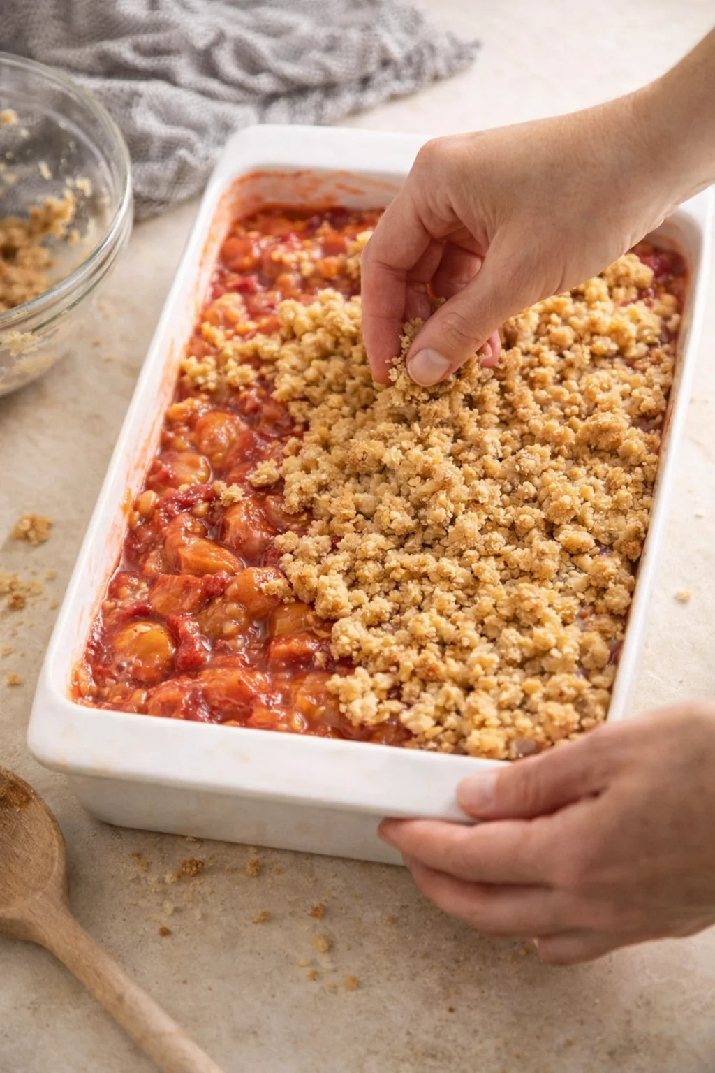 Hands sprinkle crumb topping over a red fruit crumble in a white baking dish on a light countertop.