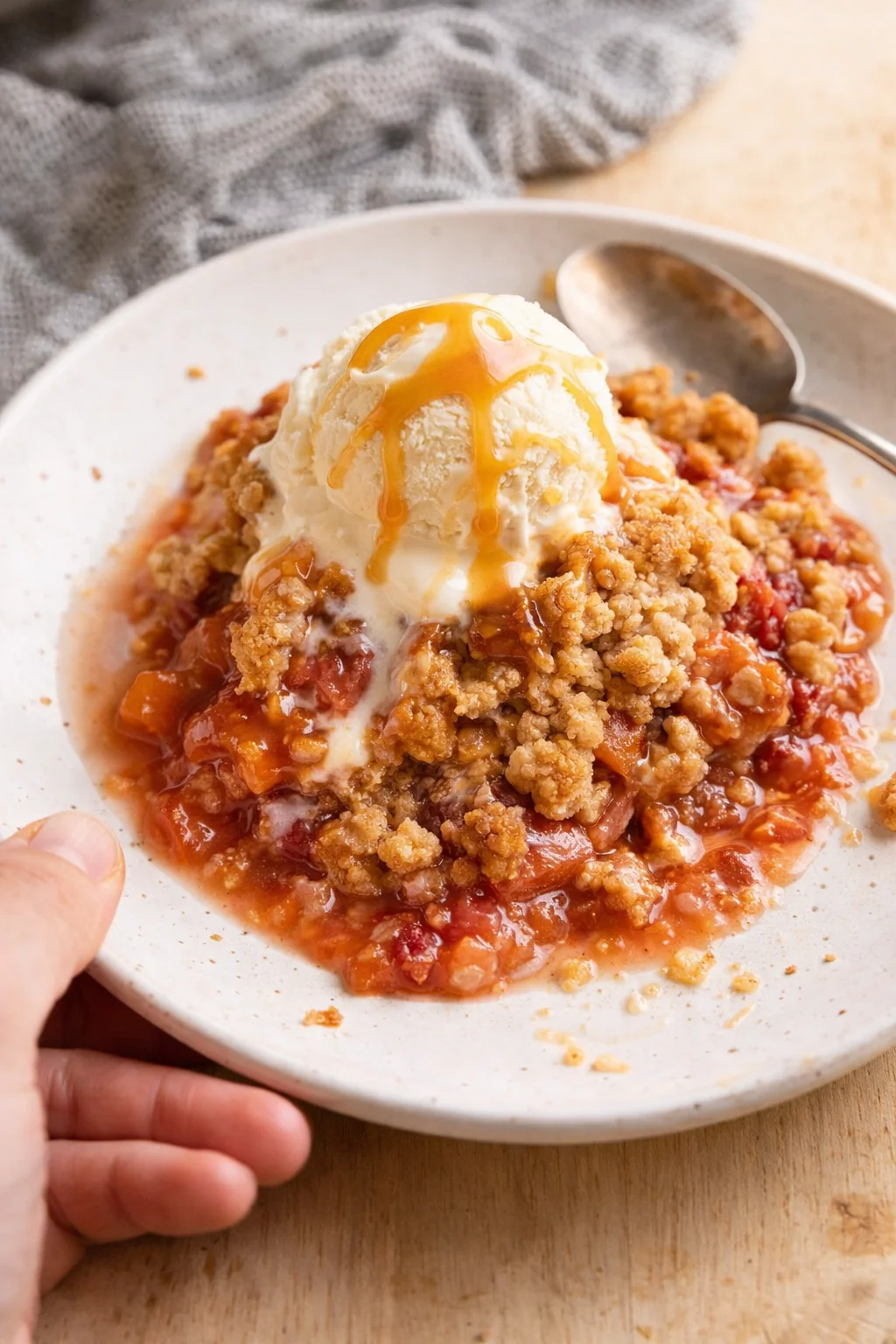 Dessert plate showing fruit crumble with a scoop of vanilla ice cream and caramel drizzle.
