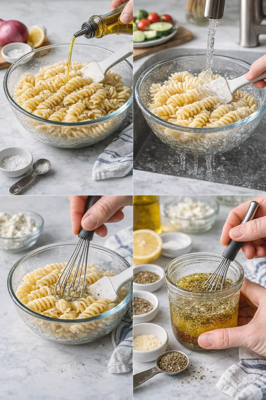 collage of four-step pasta preparation: oil pour, rinse, whisked pasta, herb vinaigrette