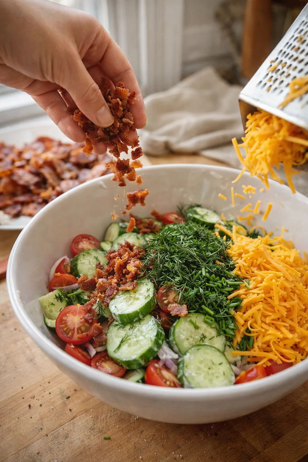 hand sprinkling crispy bacon over a fresh cucumber-tomato-dill salad in a white bowl