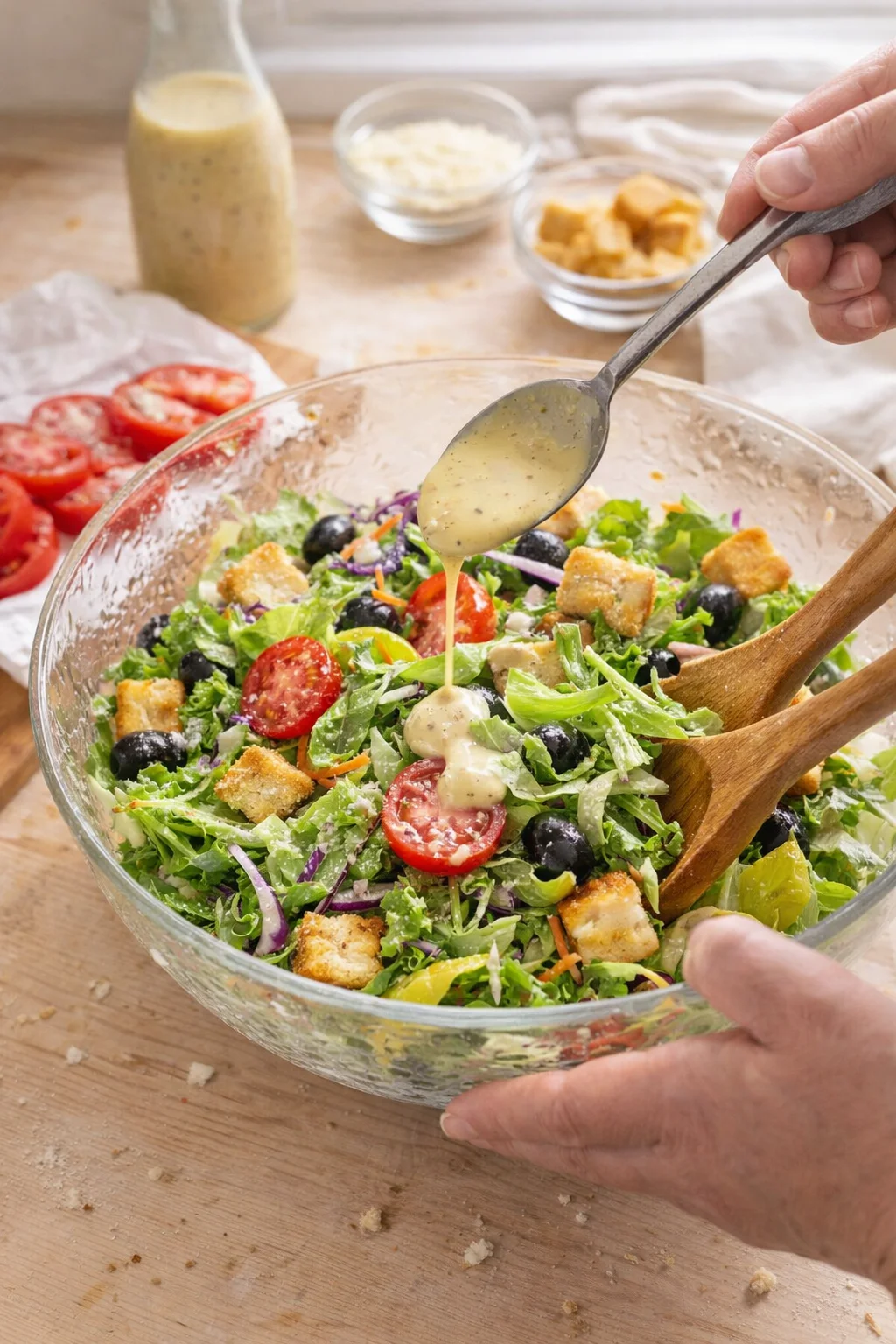 glass bowl of garden salad with croutons, olives, tomatoes, and red onions; dressing is being poured.