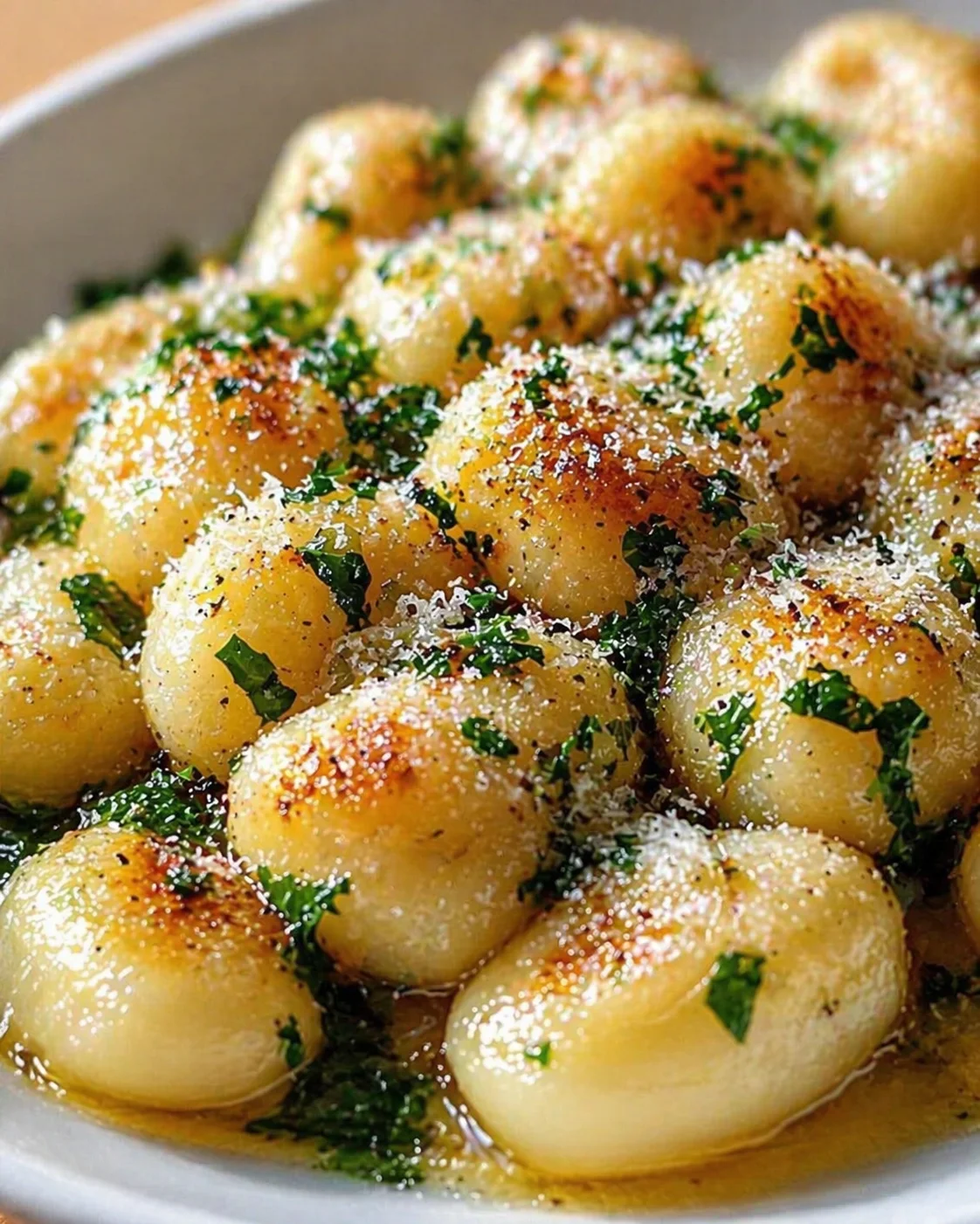 close-up of golden gnocchi in butter sauce, garnished with parsley and parmesan.