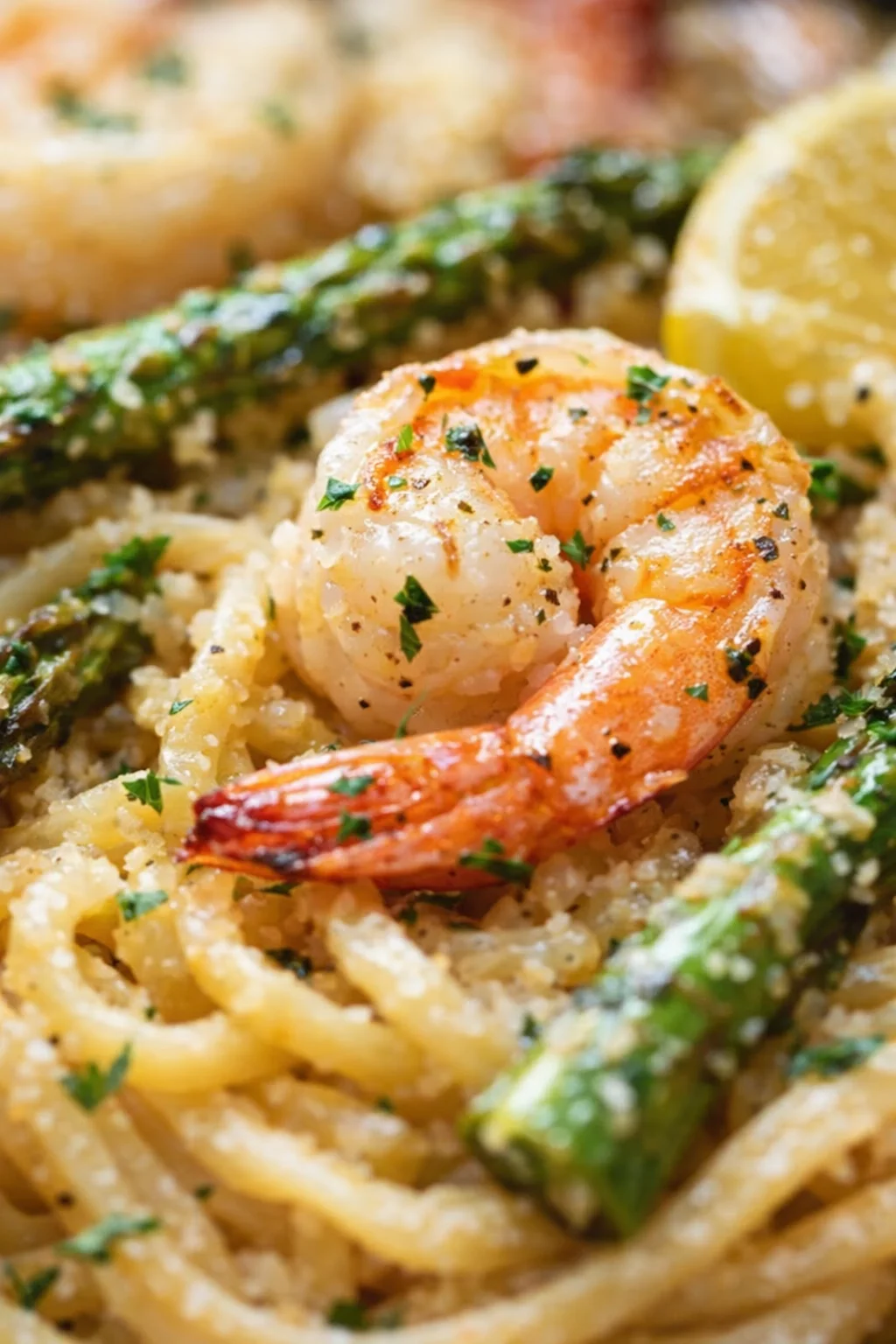 plump shrimp on creamy pasta with asparagus and lemon wedge garnish