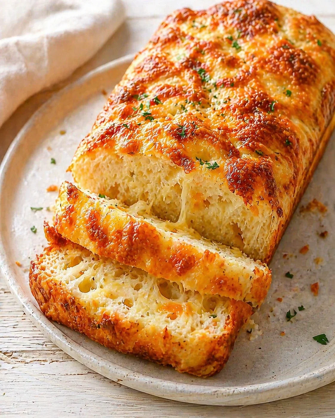 golden garlic cheese bread loaf on a light ceramic dish, sliced to reveal gooey interior